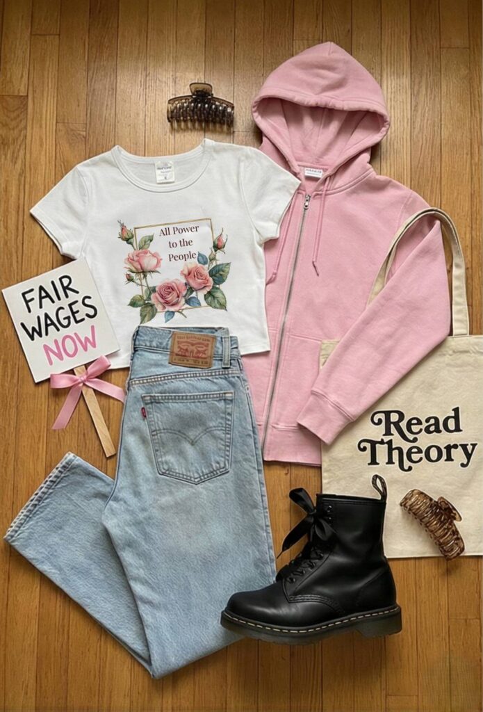 A practical but cute protest outfit flat lay. The white 'All Power to the People' graphic tee is paired with vintage light wash baggy jeans and black combat boots. The look includes a pink zip-up hoodie, a hair claw clip, a mini 'Fair Wages Now' picket sign, and a 'Read Theory' canvas tote bag.