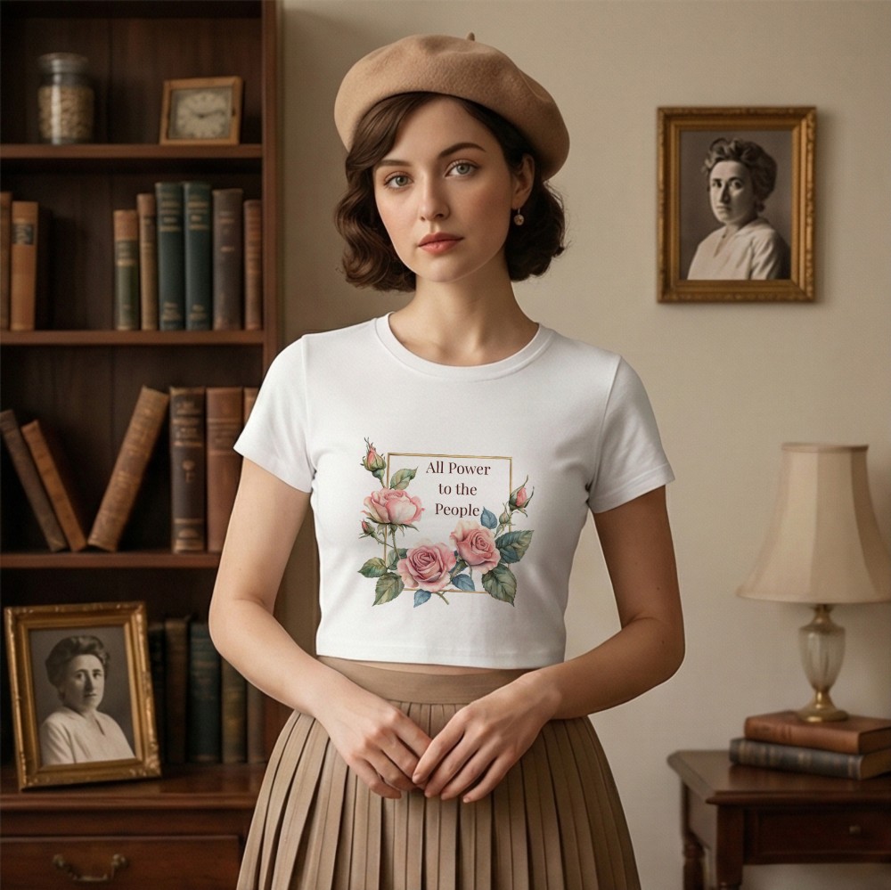 An All Power to the People' baby tee on a model. The shirt is styled with a pleated tan skirt and a tan beret. Behind the model is a bookshelf with old books and a framed image of woman.