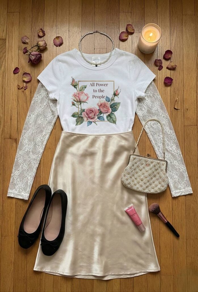A hyper-feminine Coquette outfit flat lay. A white 'All Power to the People' shirt is layered over a sheer white lace top and paired with a champagne satin slip skirt. Accessories include black ballet flats, a pearl necklace, and a vintage beaded purse, surrounded by dried rose petals.
